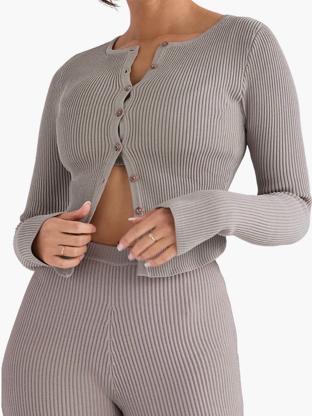 House of CB Taupe Ribbed Button-Front Long Sleeve Top